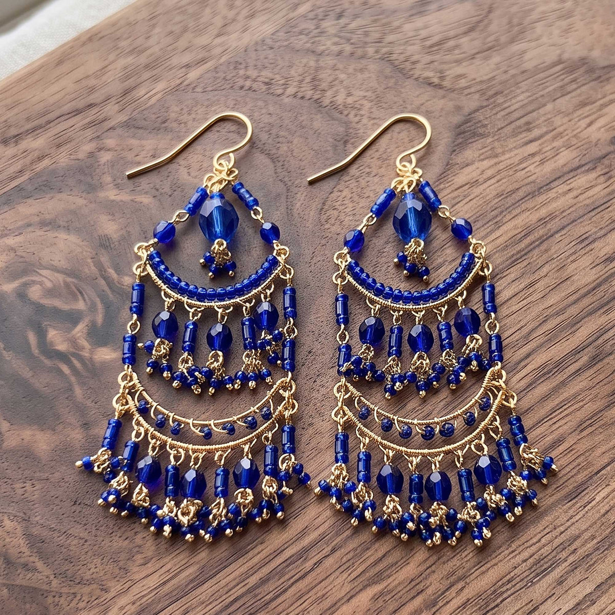 Blue Fire Polished Bead Chandelier Earrings Gold Tone Stainless Steel Multi-Layer Boho Statement Dangle Jewelry Handmade Gift