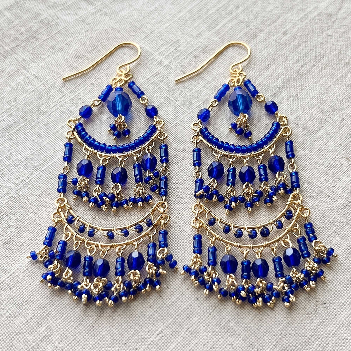 Blue Fire Polished Bead Chandelier Earrings Gold Tone Stainless Steel Multi-Layer Boho Statement Dangle Jewelry Handmade Gift