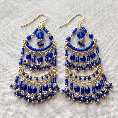 Blue Fire Polished Bead Chandelier Earrings Gold Tone Stainless Steel Multi-Layer Boho Statement Dangle Jewelry Handmade Gift