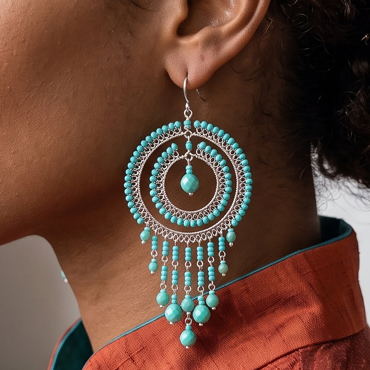 Cleopatra Earrings Stainless Steel Czech Beads Emerald Green Double Hoop Dangle Silver Tone Boho Statement Jewelry - Gem Avenue Retail