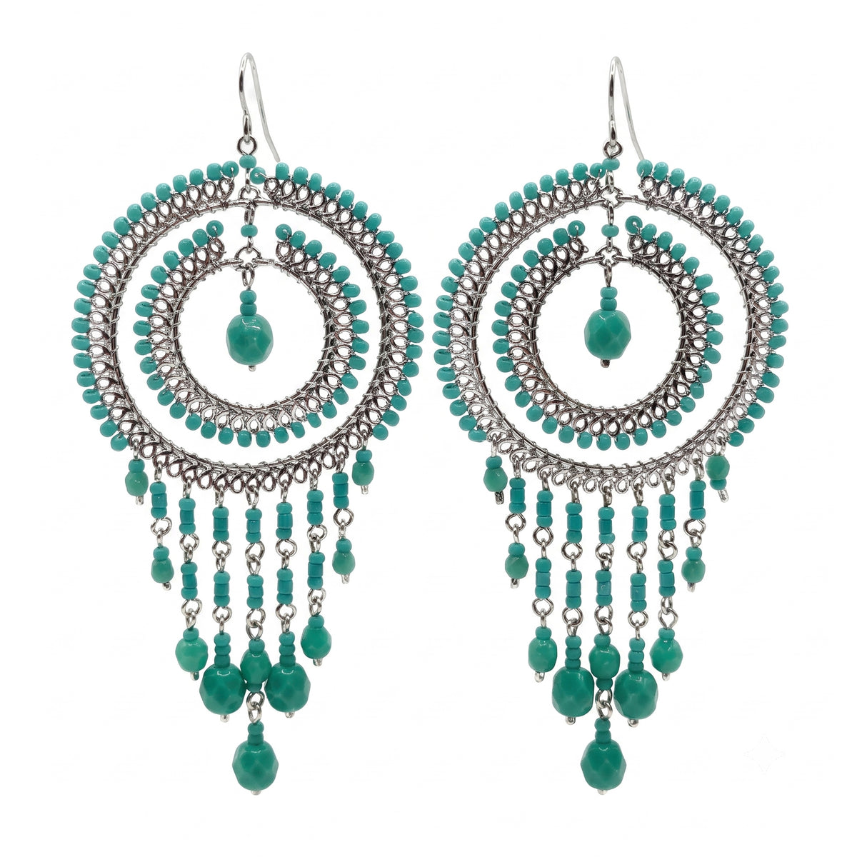 Cleopatra Earrings Stainless Steel Czech Beads Emerald Green Double Hoop Dangle Silver Tone Boho Statement Jewelry - Gem Avenue Retail