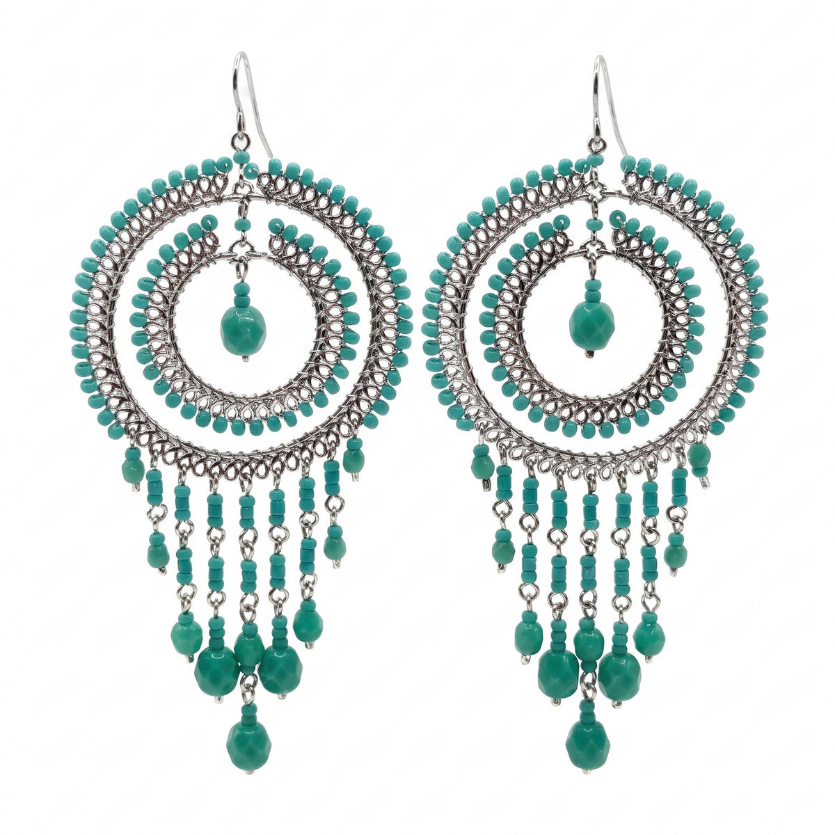 Emerald Green Czech Beaded Cleopatra Hoop Earrings - Gem Avenue Retail
