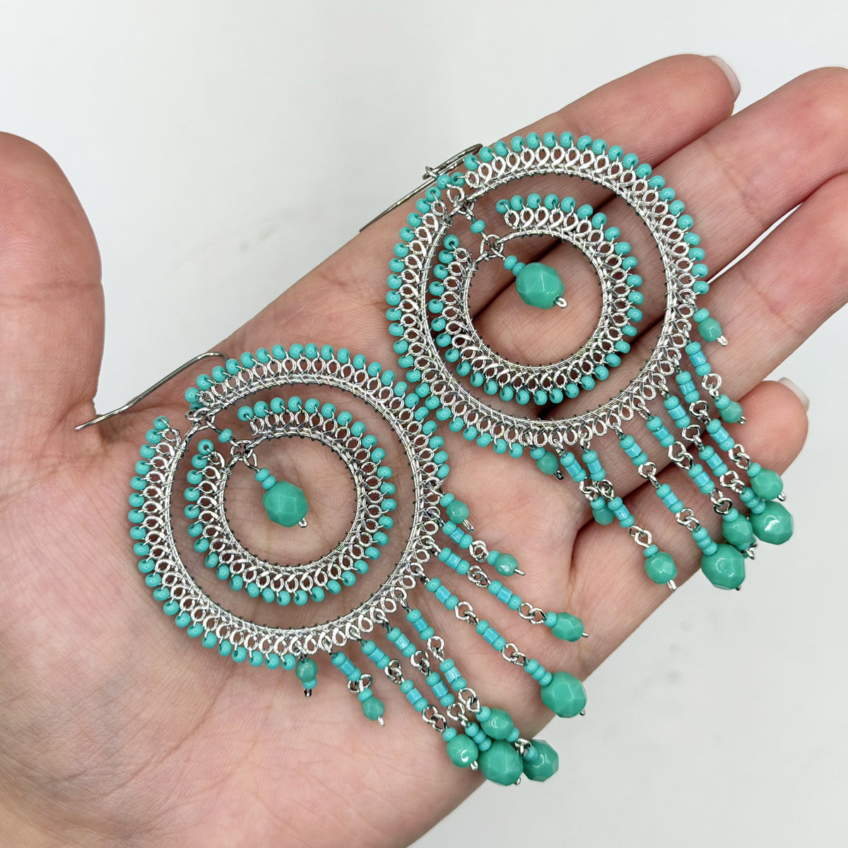 Cleopatra Earrings Stainless Steel Czech Beads Emerald Green Double Hoop Dangle Silver Tone Boho Statement Jewelry - Gem Avenue Retail