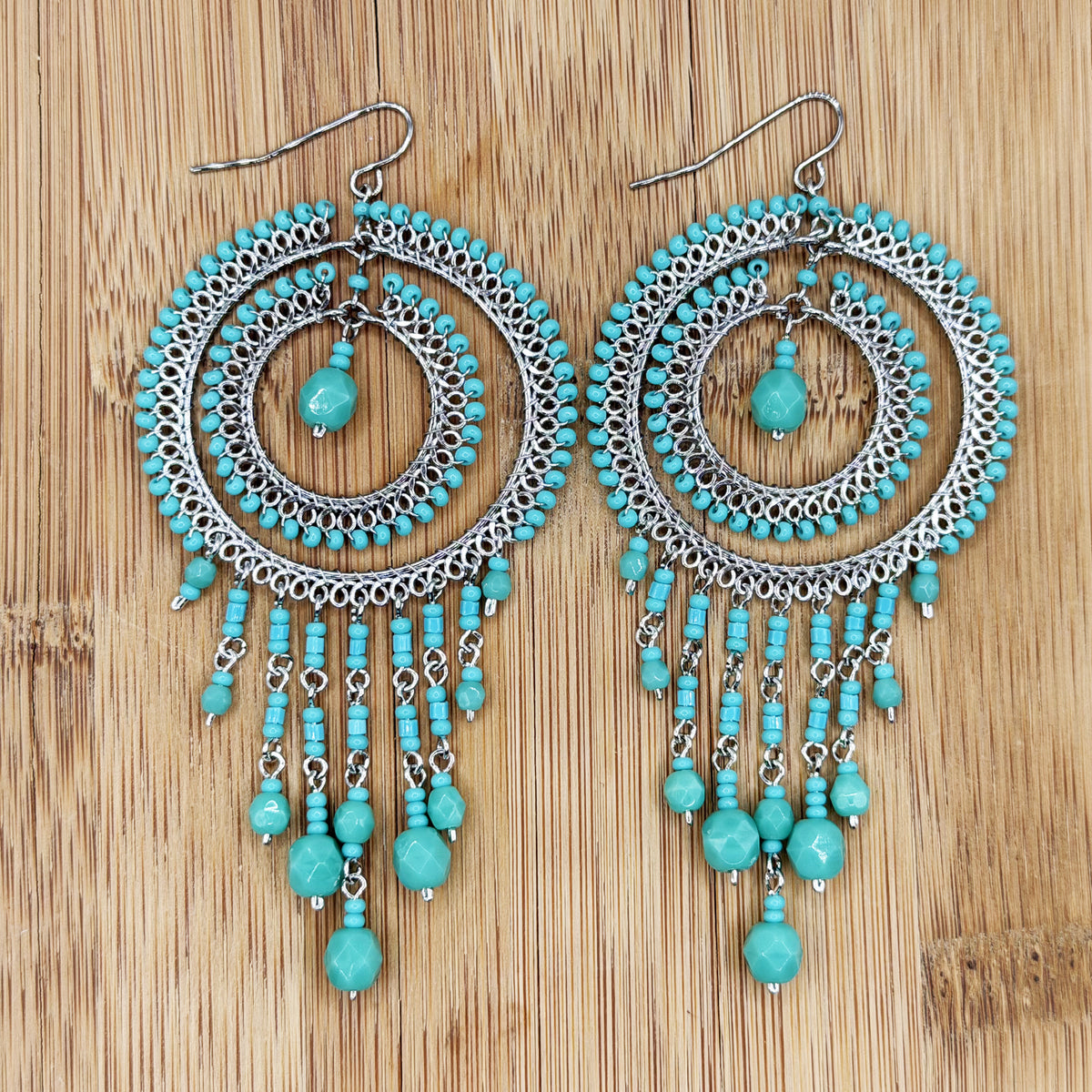Cleopatra Earrings Stainless Steel Czech Beads Emerald Green Double Hoop Dangle Silver Tone Boho Statement Jewelry - Gem Avenue Retail