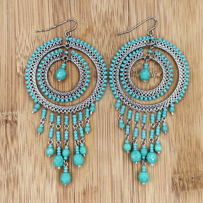 Cleopatra Earrings Stainless Steel Czech Beads Emerald Green Double Hoop Dangle Silver Tone Boho Statement Jewelry - Gem Avenue Retail