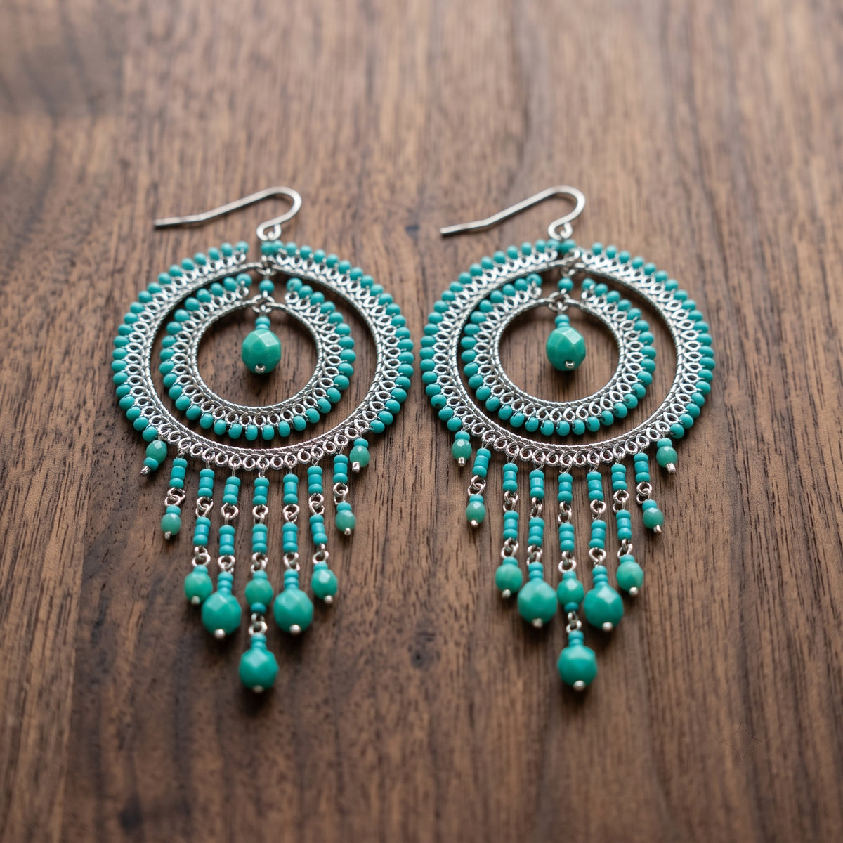 Cleopatra Earrings Stainless Steel Czech Beads Emerald Green Double Hoop Dangle Silver Tone Boho Statement Jewelry - Gem Avenue Retail