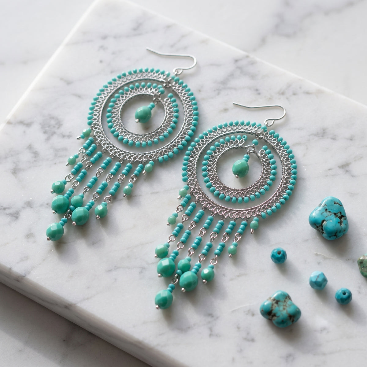 Cleopatra Earrings Stainless Steel Czech Beads Emerald Green Double Hoop Dangle Silver Tone Boho Statement Jewelry