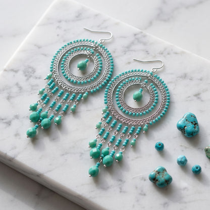 Cleopatra Earrings Stainless Steel Czech Beads Emerald Green Double Hoop Dangle Silver Tone Boho Statement Jewelry