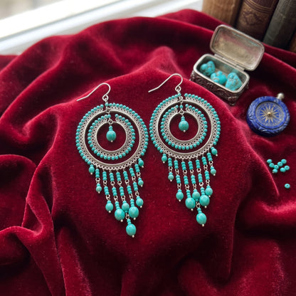 Cleopatra Earrings Stainless Steel Czech Beads Emerald Green Double Hoop Dangle Silver Tone Boho Statement Jewelry - Gem Avenue Retail