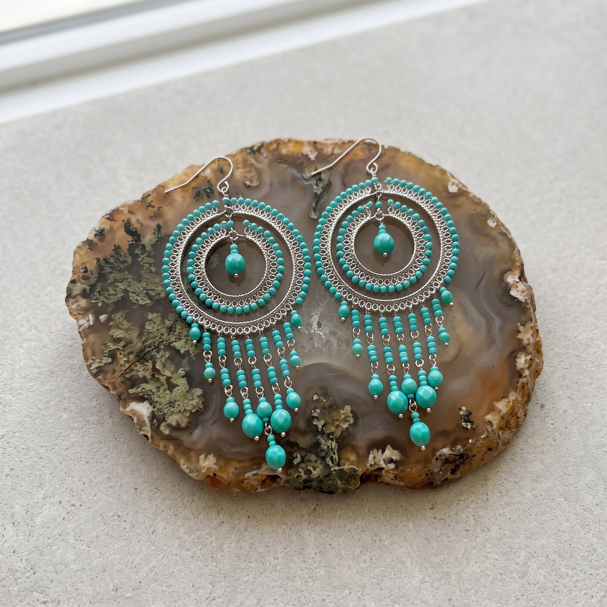 Cleopatra Earrings Stainless Steel Czech Beads Emerald Green Double Hoop Dangle Silver Tone Boho Statement Jewelry - Gem Avenue Retail
