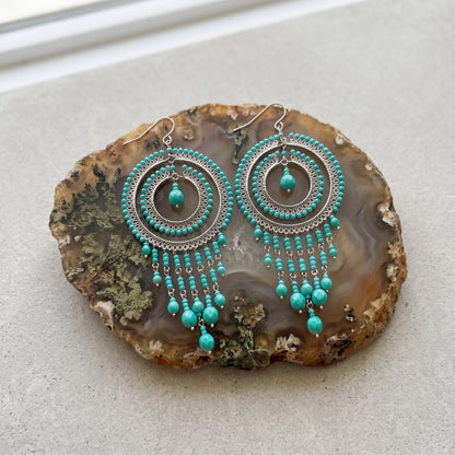 Cleopatra Earrings Stainless Steel Czech Beads Emerald Green Double Hoop Dangle Silver Tone Boho Statement Jewelry - Gem Avenue Retail