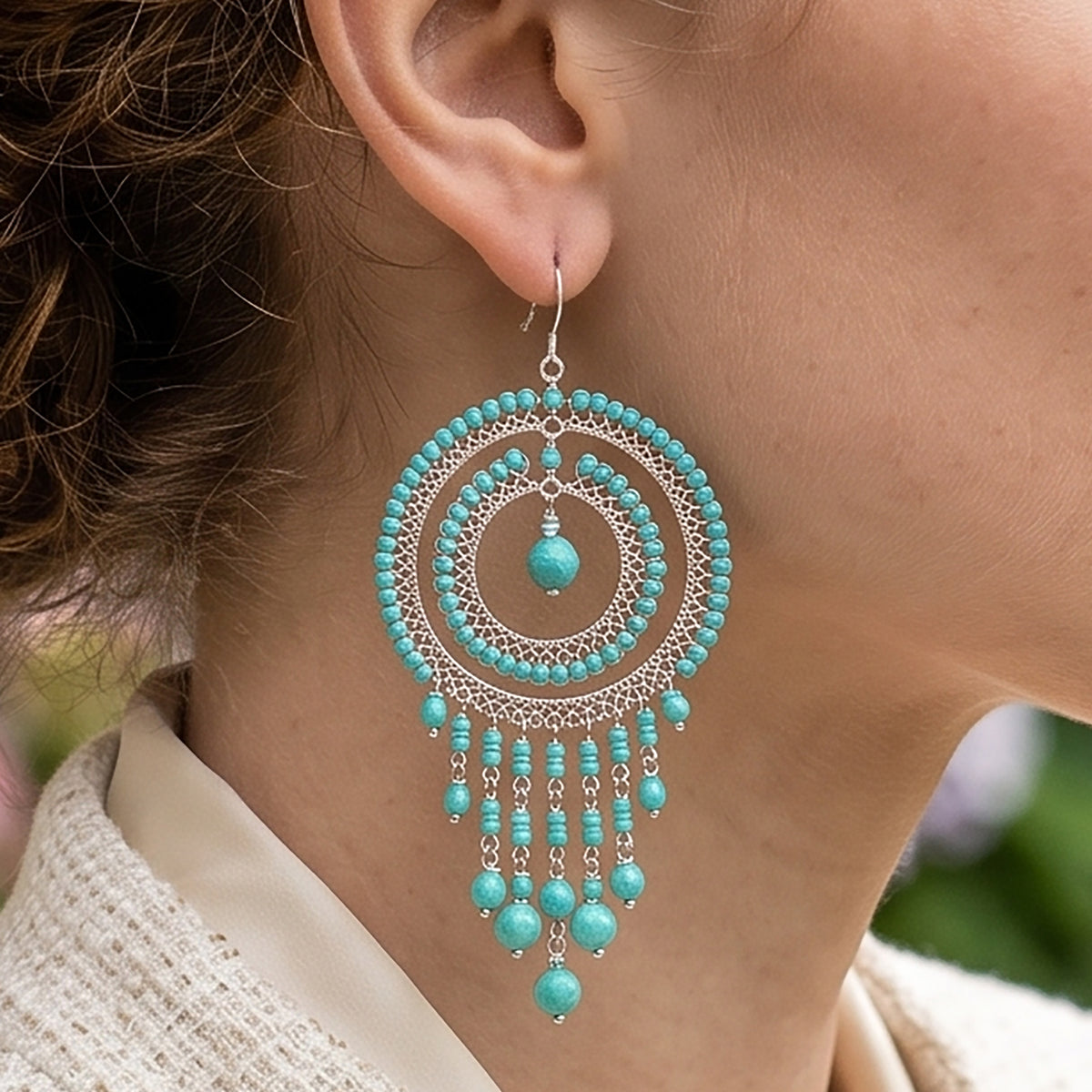 Cleopatra Earrings Stainless Steel Czech Beads Emerald Green Double Hoop Dangle Silver Tone Boho Statement Jewelry - Gem Avenue Retail