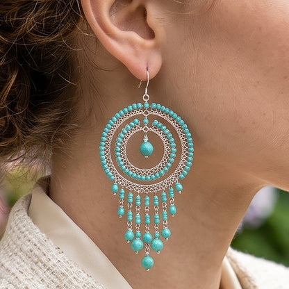 Cleopatra Earrings Stainless Steel Czech Beads Emerald Green Double Hoop Dangle Silver Tone Boho Statement Jewelry - Gem Avenue Retail