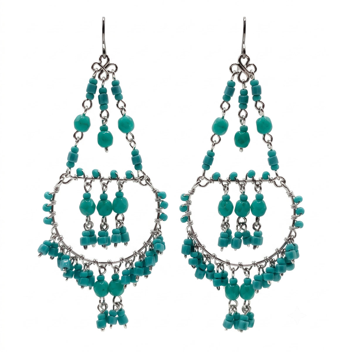 Cleopatra Earrings Stainless Steel Czech Beads Teal Green Hoop Dangle Silver Tone Boho Statement Jewelry - Gem Avenue Retail