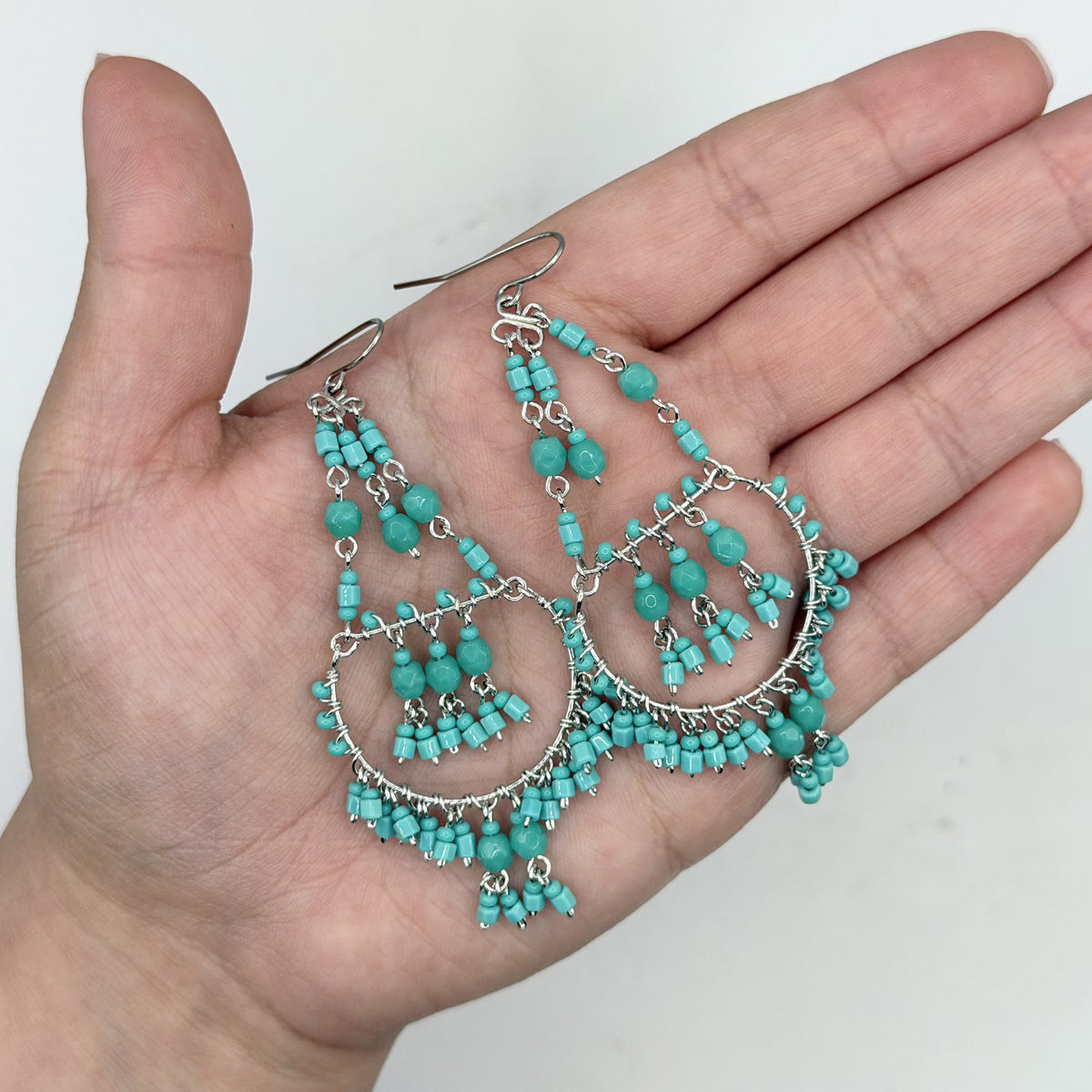 Cleopatra Earrings Stainless Steel Czech Beads Teal Green Hoop Dangle Silver Tone Boho Statement Jewelry - Gem Avenue Retail
