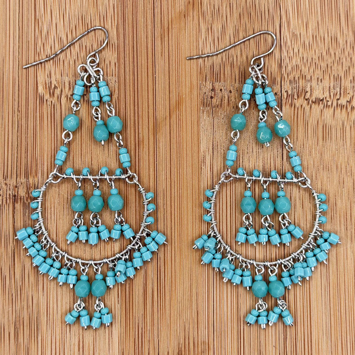 Cleopatra Earrings Stainless Steel Czech Beads Teal Green Hoop Dangle Silver Tone Boho Statement Jewelry - Gem Avenue Retail