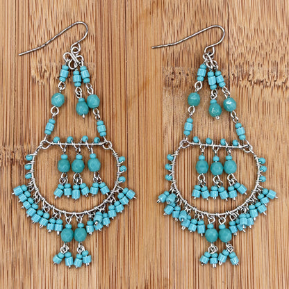 Cleopatra Earrings Stainless Steel Czech Beads Teal Green Hoop Dangle Silver Tone Boho Statement Jewelry - Gem Avenue Retail