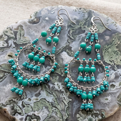 Cleopatra Earrings Stainless Steel Czech Beads Teal Green Hoop Dangle Silver Tone Boho Statement Jewelry - Gem Avenue Retail