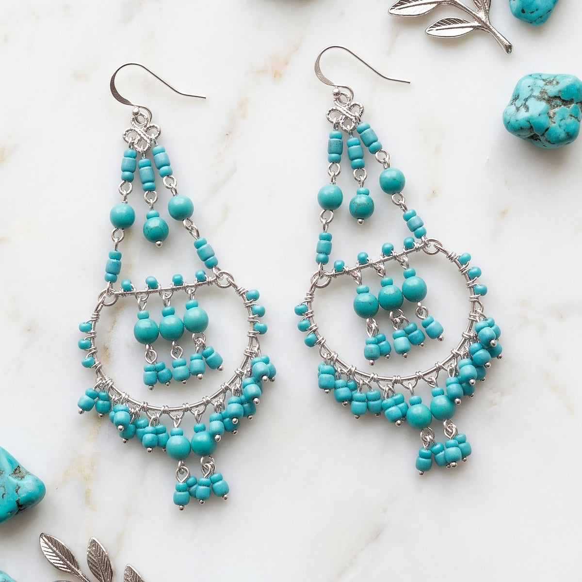Cleopatra Earrings Stainless Steel Czech Beads Teal Green Hoop Dangle Silver Tone Boho Statement Jewelry - Gem Avenue Retail