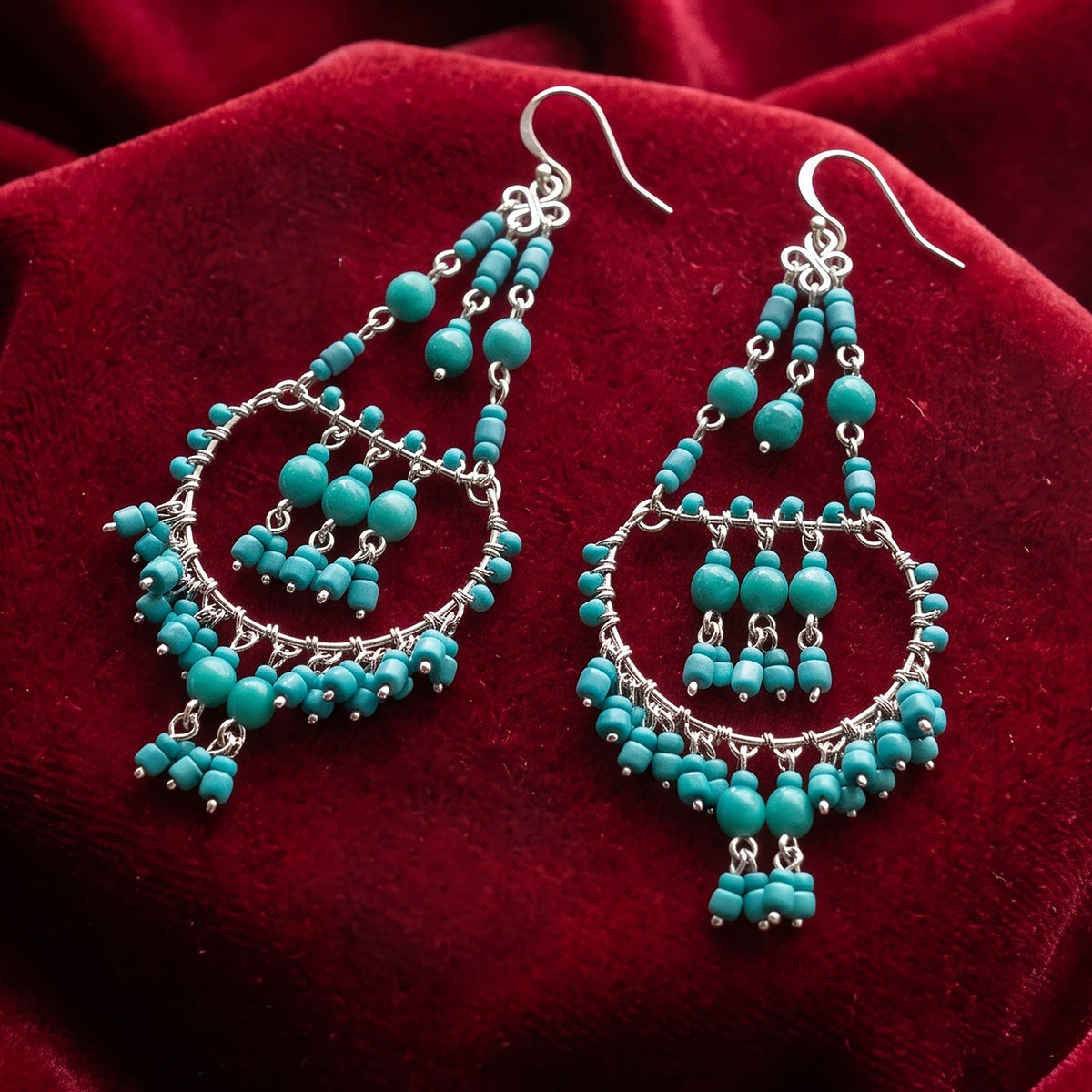 Cleopatra Earrings Stainless Steel Czech Beads Teal Green Hoop Dangle Silver Tone Boho Statement Jewelry - Gem Avenue Retail