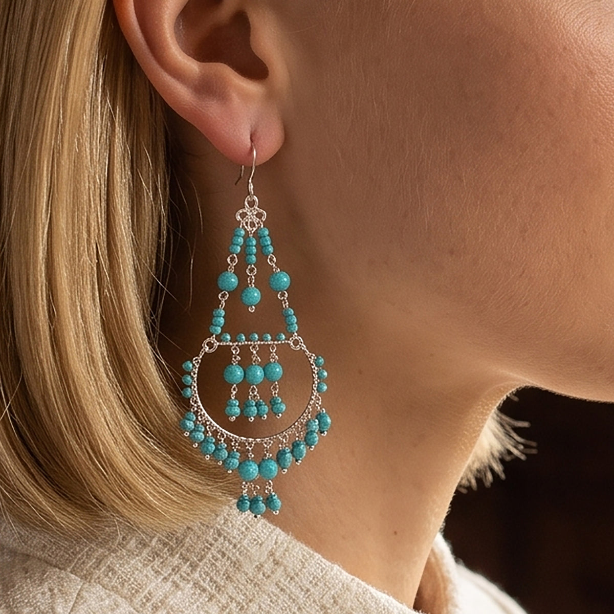 Cleopatra Earrings Stainless Steel Czech Beads Teal Green Hoop Dangle Silver Tone Boho Statement Jewelry - Gem Avenue Retail