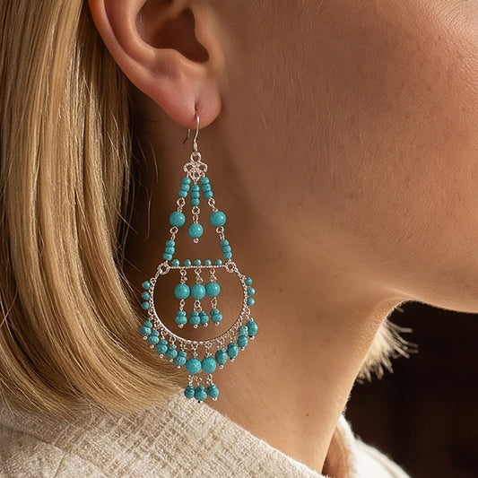 Cleopatra Earrings Stainless Steel Czech Beads Teal Green Hoop Dangle Silver Tone Boho Statement Jewelry - Gem Avenue Retail