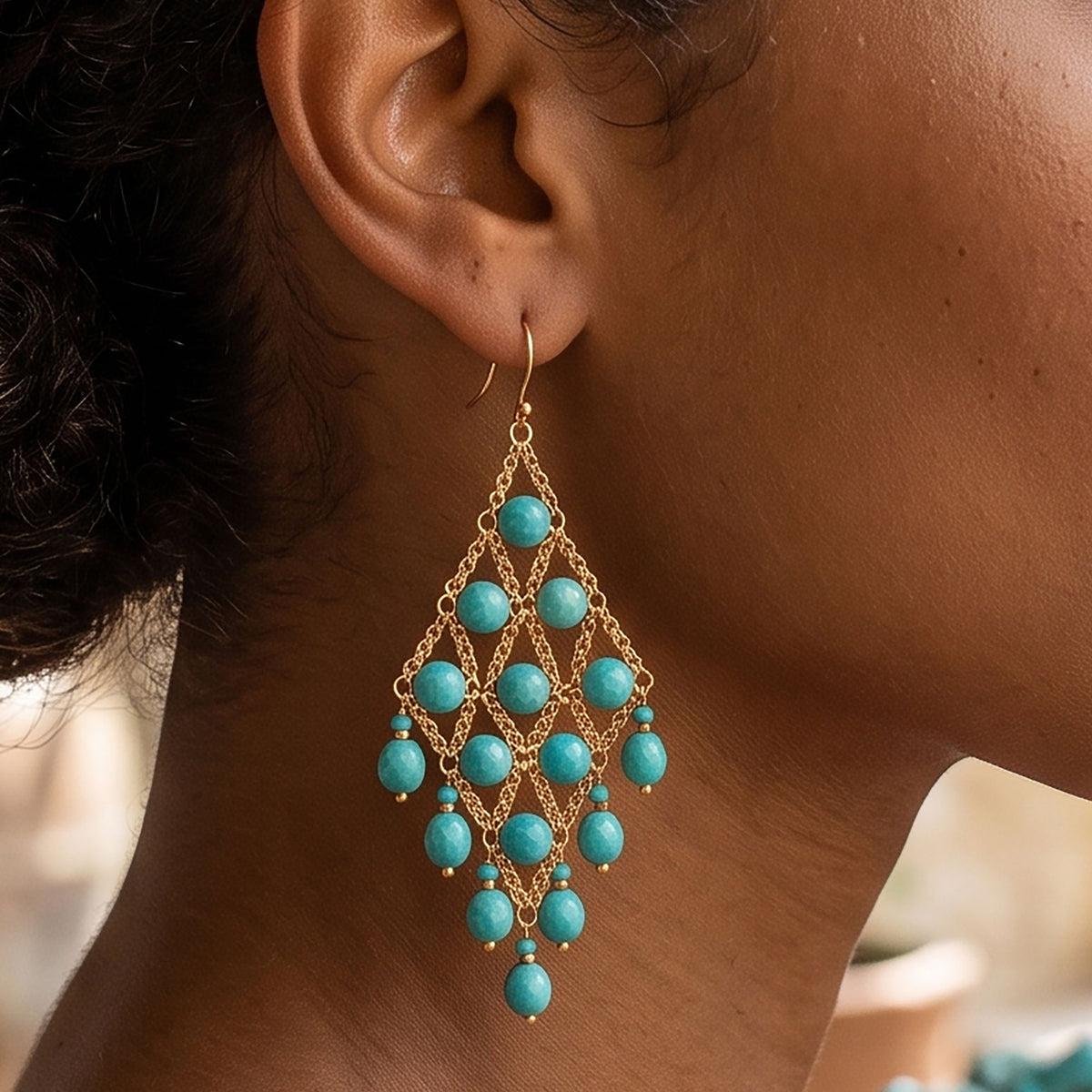Cleopatra Earrings Stainless Steel Czech Beads Emerald Green Lattice Chandelier Dangle Gold Tone Boho Statement Jewelry - Gem Avenue Retail