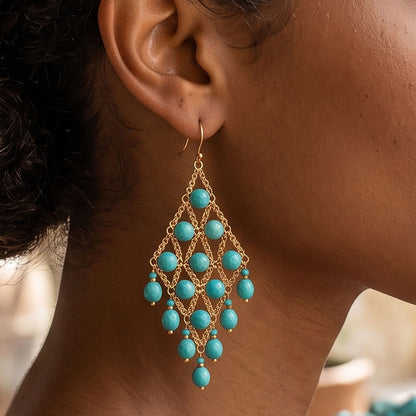 Cleopatra Earrings Stainless Steel Czech Beads Emerald Green Lattice Chandelier Dangle Gold Tone Boho Statement Jewelry - Gem Avenue Retail