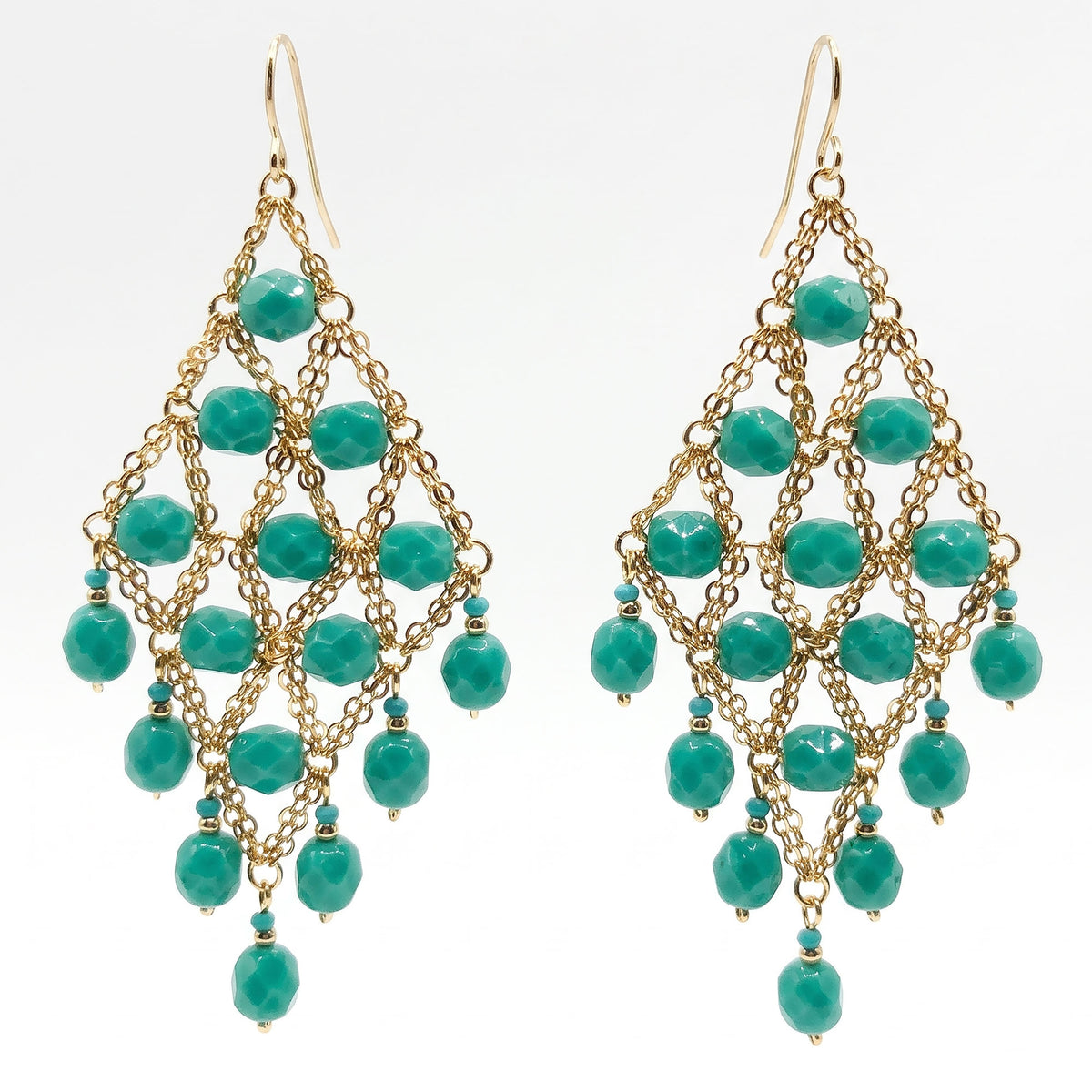 Cleopatra Earrings Stainless Steel Czech Beads Emerald Green Lattice Chandelier Dangle Gold Tone Boho Statement Jewelry - Gem Avenue Retail