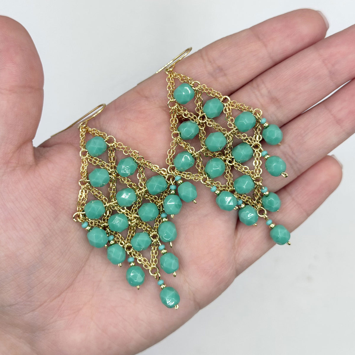 Cleopatra Earrings Stainless Steel Czech Beads Emerald Green Lattice Chandelier Dangle Gold Tone Boho Statement Jewelry - Gem Avenue Retail