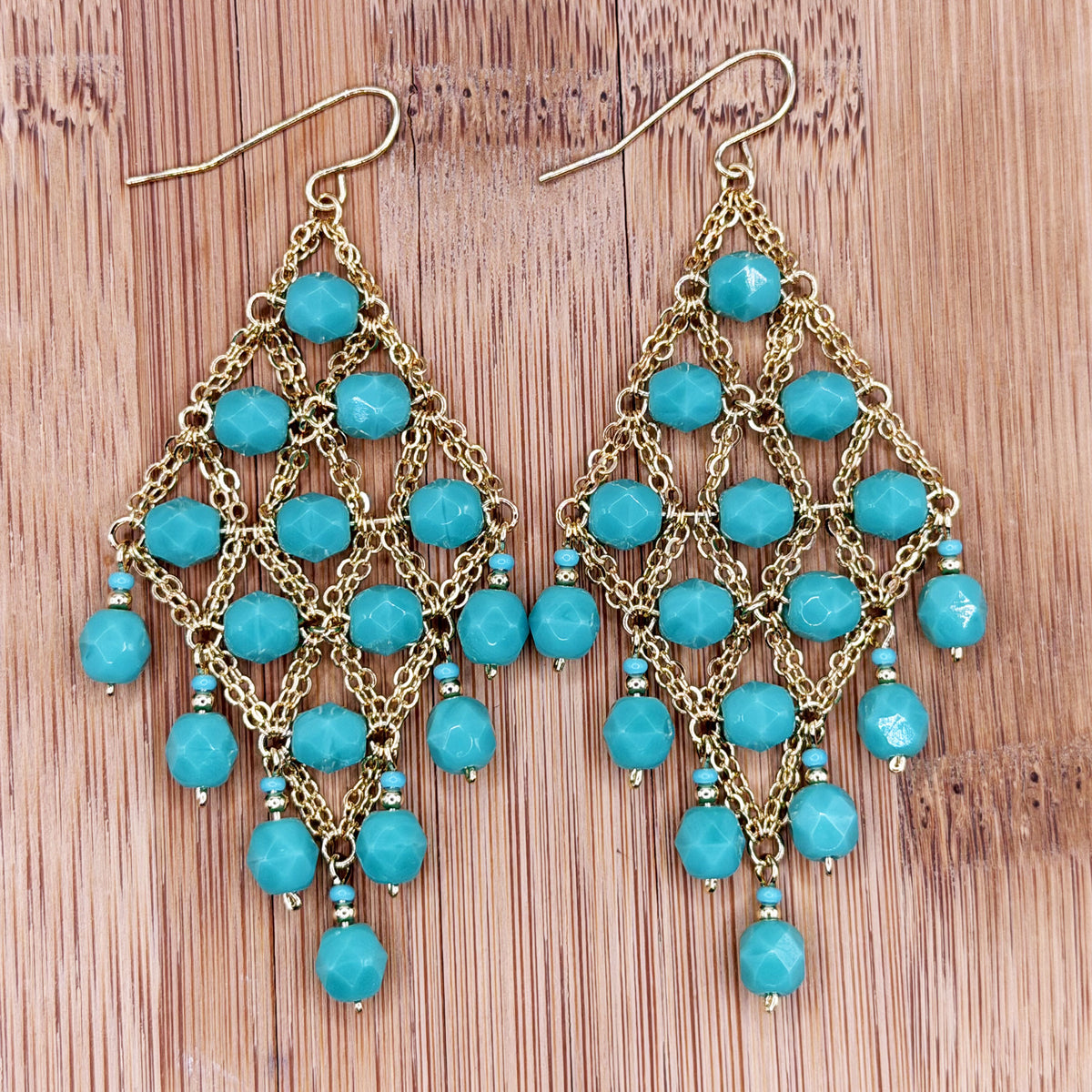 Cleopatra Earrings Stainless Steel Czech Beads Emerald Green Lattice Chandelier Dangle Gold Tone Boho Statement Jewelry - Gem Avenue Retail