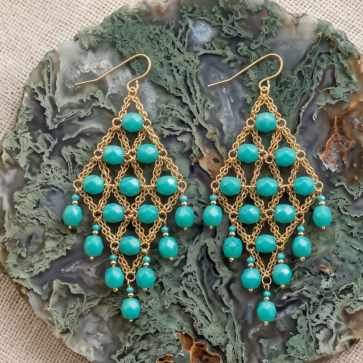Cleopatra Earrings Stainless Steel Czech Beads Emerald Green Lattice Chandelier Dangle Gold Tone Boho Statement Jewelry - Gem Avenue Retail