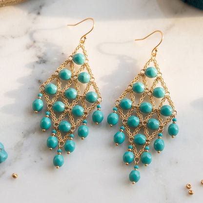 Cleopatra Earrings Stainless Steel Czech Beads Emerald Green Lattice Chandelier Dangle Gold Tone Boho Statement Jewelry - Gem Avenue Retail
