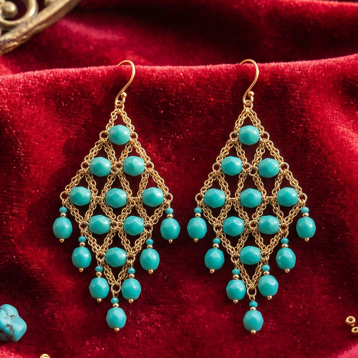 Cleopatra Earrings Stainless Steel Czech Beads Emerald Green Lattice Chandelier Dangle Gold Tone Boho Statement Jewelry - Gem Avenue Retail