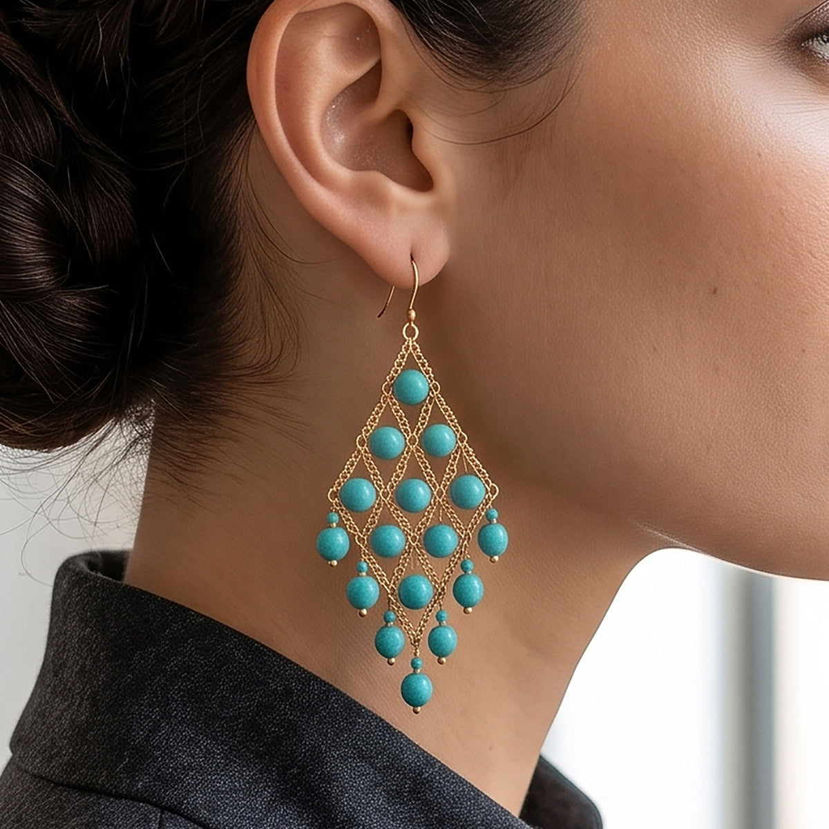 Cleopatra Earrings Stainless Steel Czech Beads Emerald Green Lattice Chandelier Dangle Gold Tone Boho Statement Jewelry - Gem Avenue Retail
