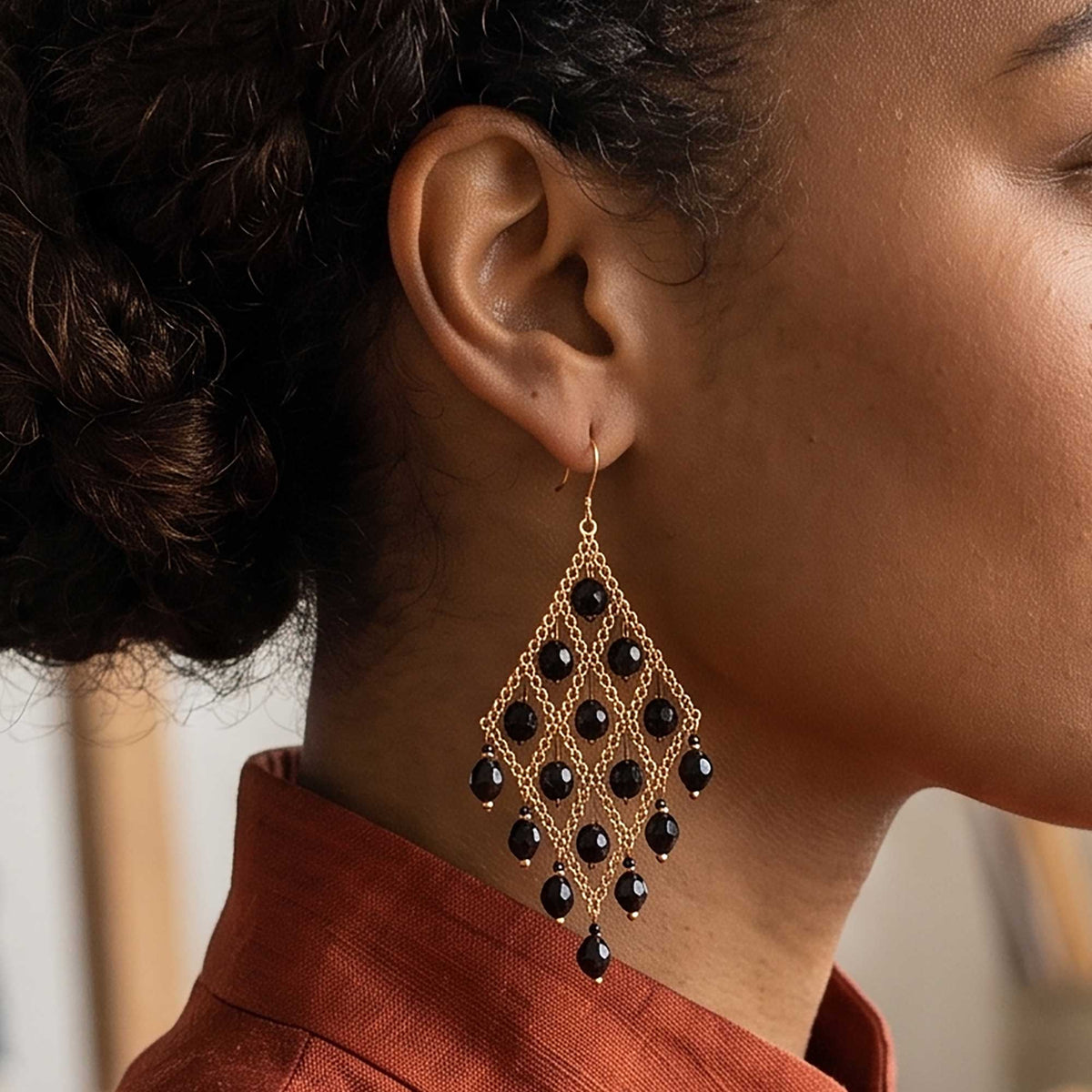 Cleopatra Earrings Stainless Steel Czech Beads Black Lattice Chandelier Dangle Gold Tone Boho Statement Jewelry - Gem Avenue Retail