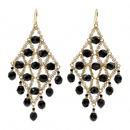 Cleopatra Earrings Stainless Steel Czech Beads Black Lattice Chandelier Dangle Gold Tone Boho Statement Jewelry - Gem Avenue Retail