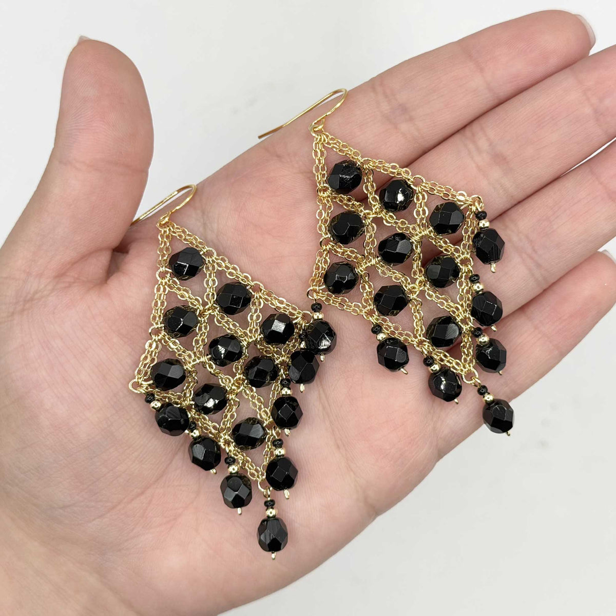 Cleopatra Earrings Stainless Steel Czech Beads Black Lattice Chandelier Dangle Gold Tone Boho Statement Jewelry - Gem Avenue Retail
