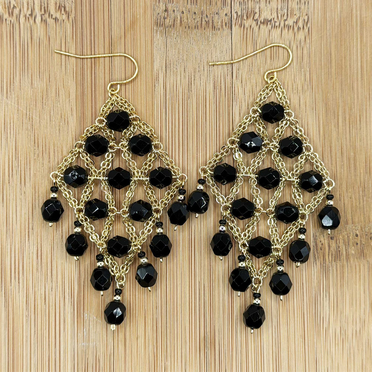 Cleopatra Earrings Stainless Steel Czech Beads Black Lattice Chandelier Dangle Gold Tone Boho Statement Jewelry - Gem Avenue Retail