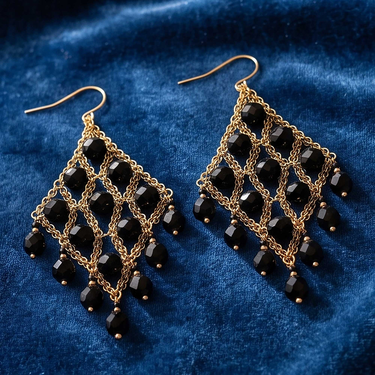 Cleopatra Earrings Stainless Steel Czech Beads Black Lattice Chandelier Dangle Gold Tone Boho Statement Jewelry - Gem Avenue Retail