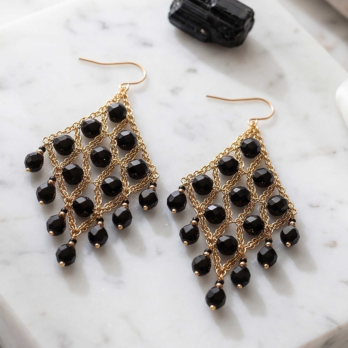 Cleopatra Earrings Stainless Steel Czech Beads Black Lattice Chandelier Dangle Gold Tone Boho Statement Jewelry - Gem Avenue Retail