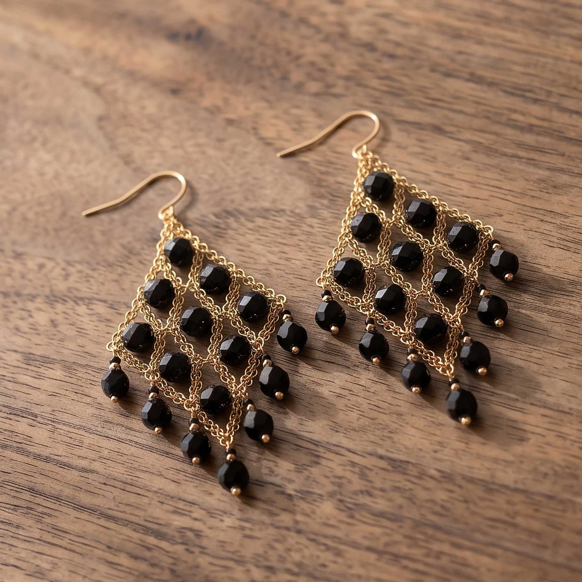 Cleopatra Earrings Stainless Steel Czech Beads Black Lattice Chandelier Dangle Gold Tone Boho Statement Jewelry - Gem Avenue Retail