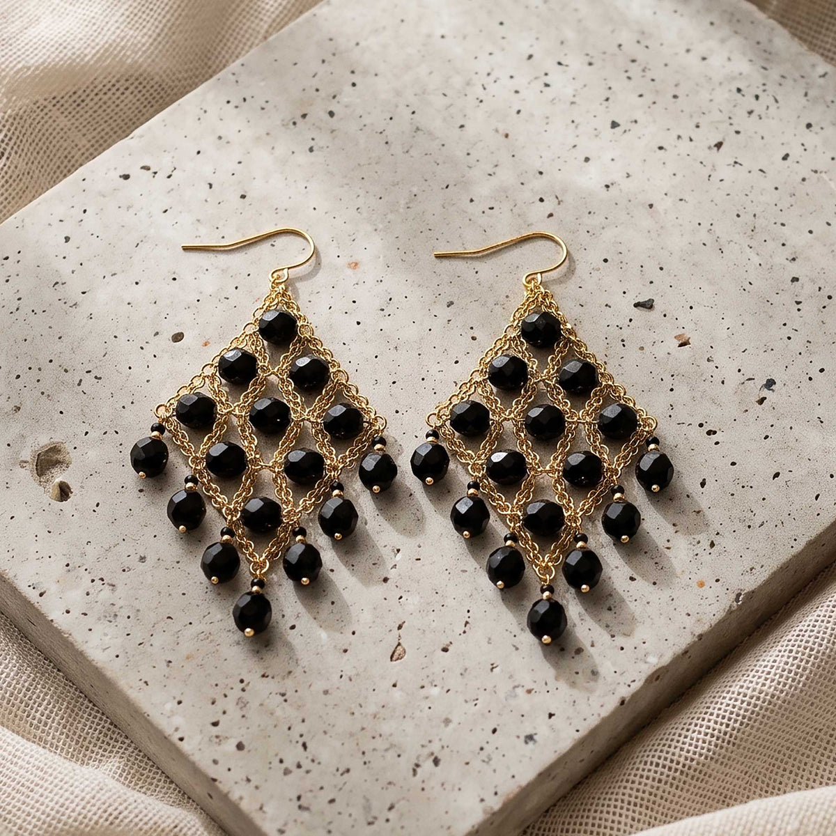 Cleopatra Earrings Stainless Steel Czech Beads Black Lattice Chandelier Dangle Gold Tone Boho Statement Jewelry - Gem Avenue Retail