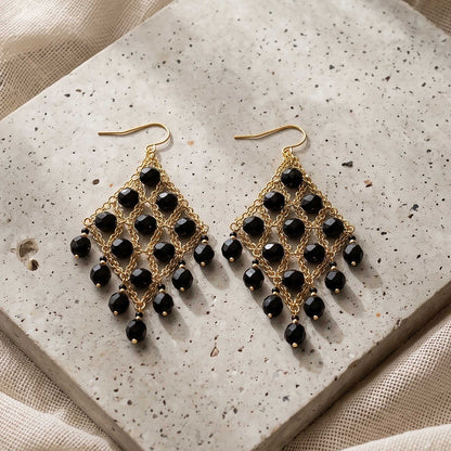 Cleopatra Earrings Stainless Steel Czech Beads Black Lattice Chandelier Dangle Gold Tone Boho Statement Jewelry - Gem Avenue Retail