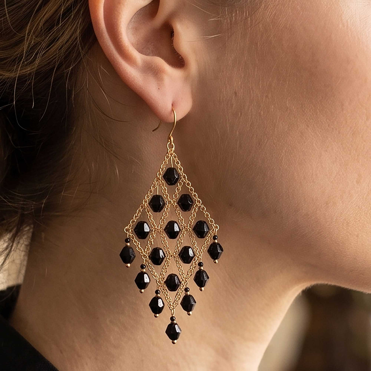 Cleopatra Earrings Stainless Steel Czech Beads Black Lattice Chandelier Dangle Gold Tone Boho Statement Jewelry - Gem Avenue Retail