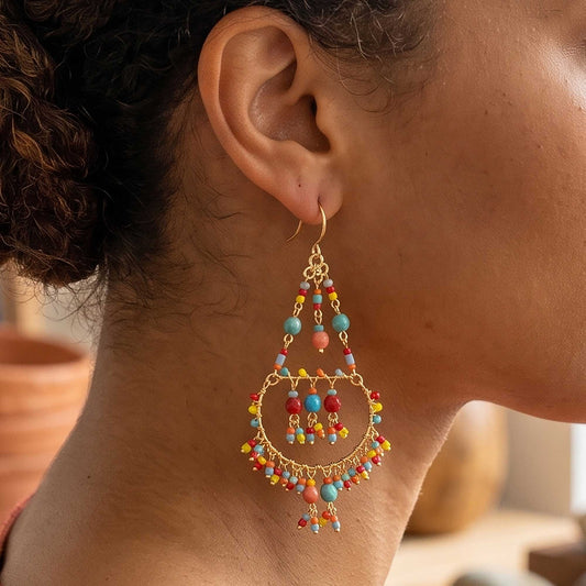 Multicolor Fire Polished Beaded Chandelier Hoop Earrings - Gem Avenue Retail