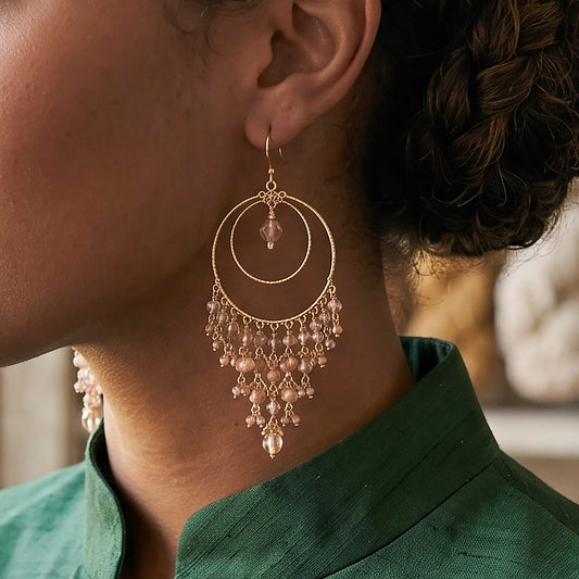 Pink Blush Fire Polished Bead Chandelier Earrings Gold Tone Stainless Steel Double Hoop Boho Dangle Statement Jewelry Handmade Gift