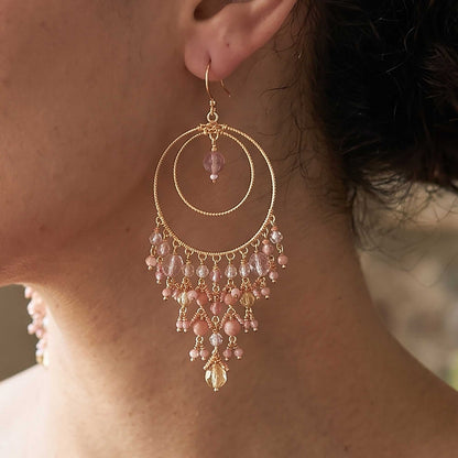 Pink Blush Fire Polished Bead Chandelier Earrings Gold Tone Stainless Steel Double Hoop Boho Dangle Statement Jewelry Handmade Gift