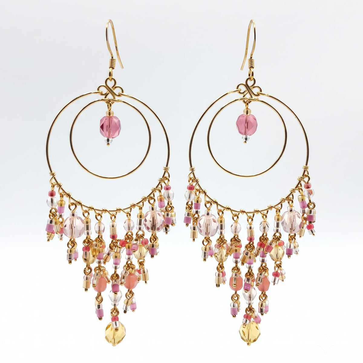 Pink Blush Fire Polished Bead Chandelier Earrings Gold Tone Stainless Steel Double Hoop Boho Dangle Statement Jewelry Handmade Gift