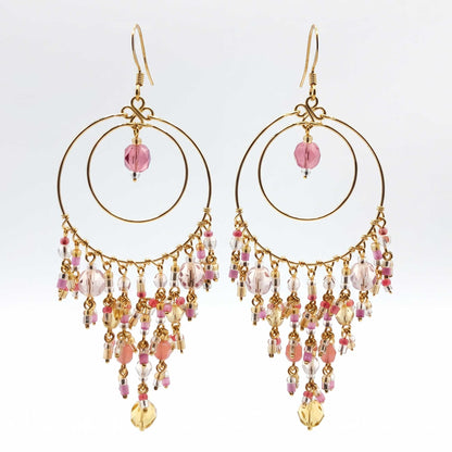Pink Blush Fire Polished Bead Chandelier Earrings Gold Tone Stainless Steel Double Hoop Boho Dangle Statement Jewelry Handmade Gift